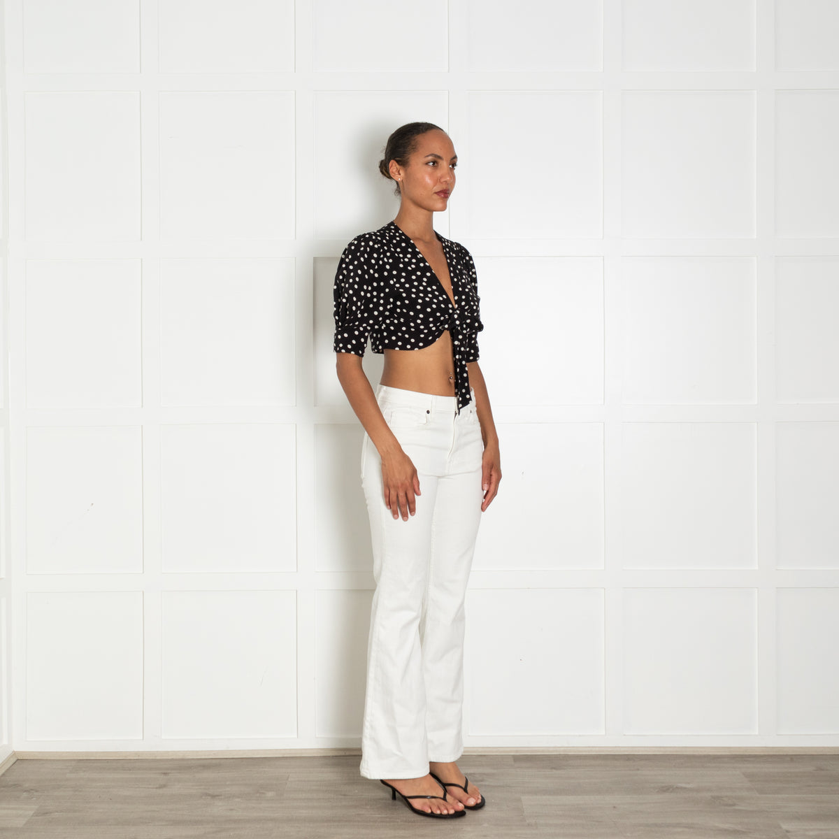 Rixo Black White Polka Dot Cropped Tie Front Top