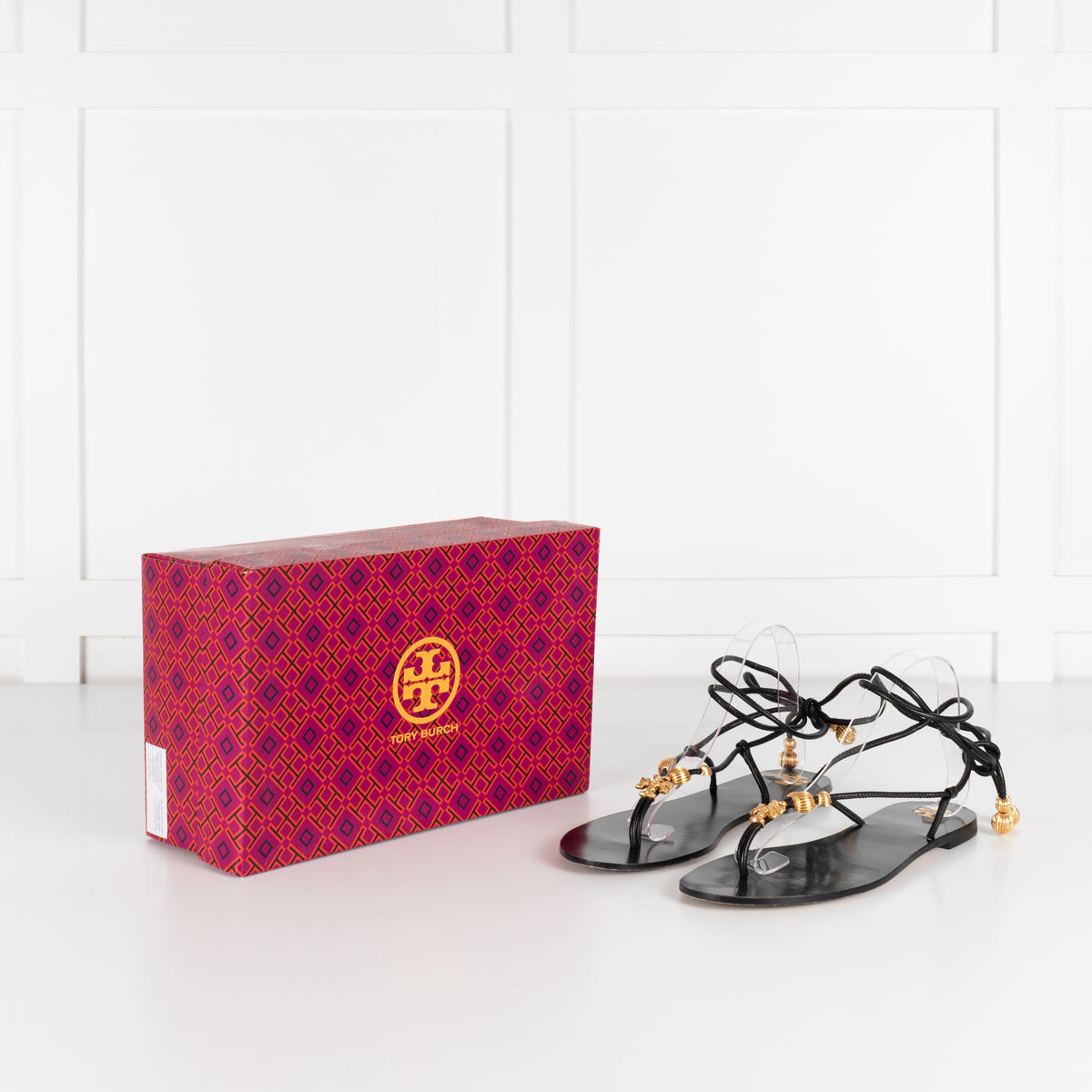 Tory Burch Black Gold Detail Flat Lace Up Sandals
