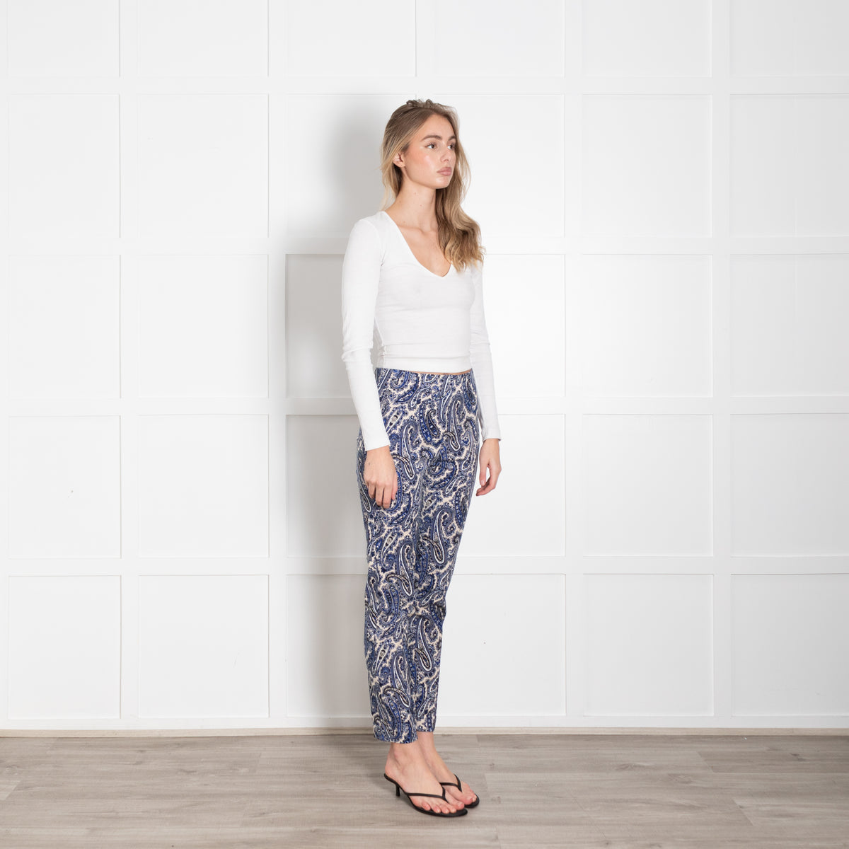 DVF Cream Blue Paisley Print Cotton Blend Trousers