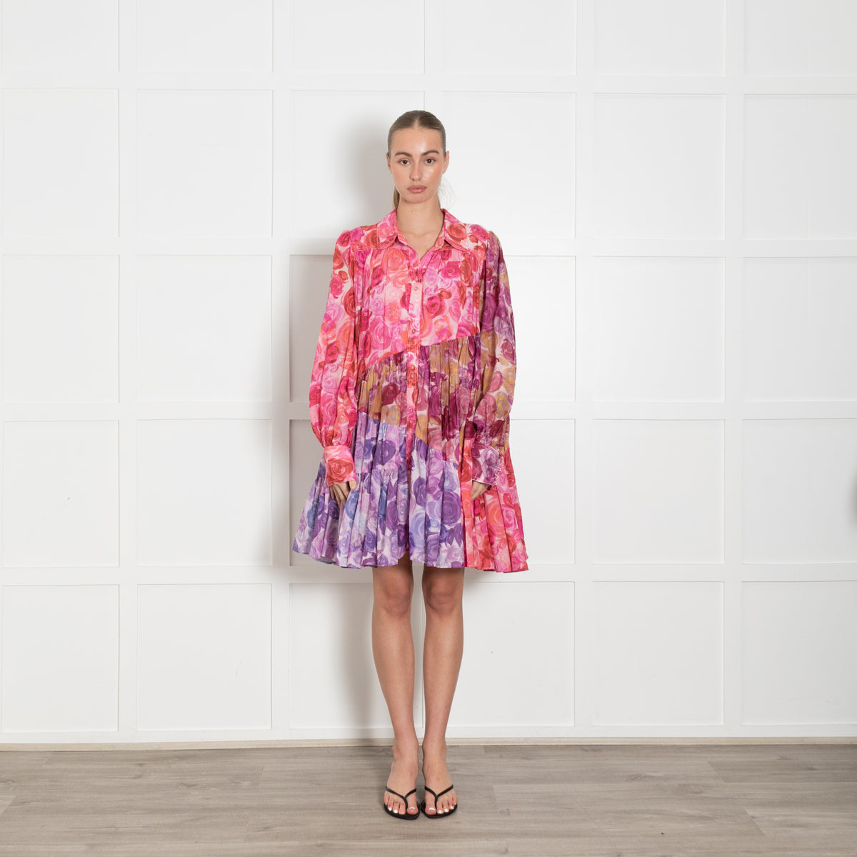Aje Multicoloured Print Tiered Short Dress With Long Sleeves