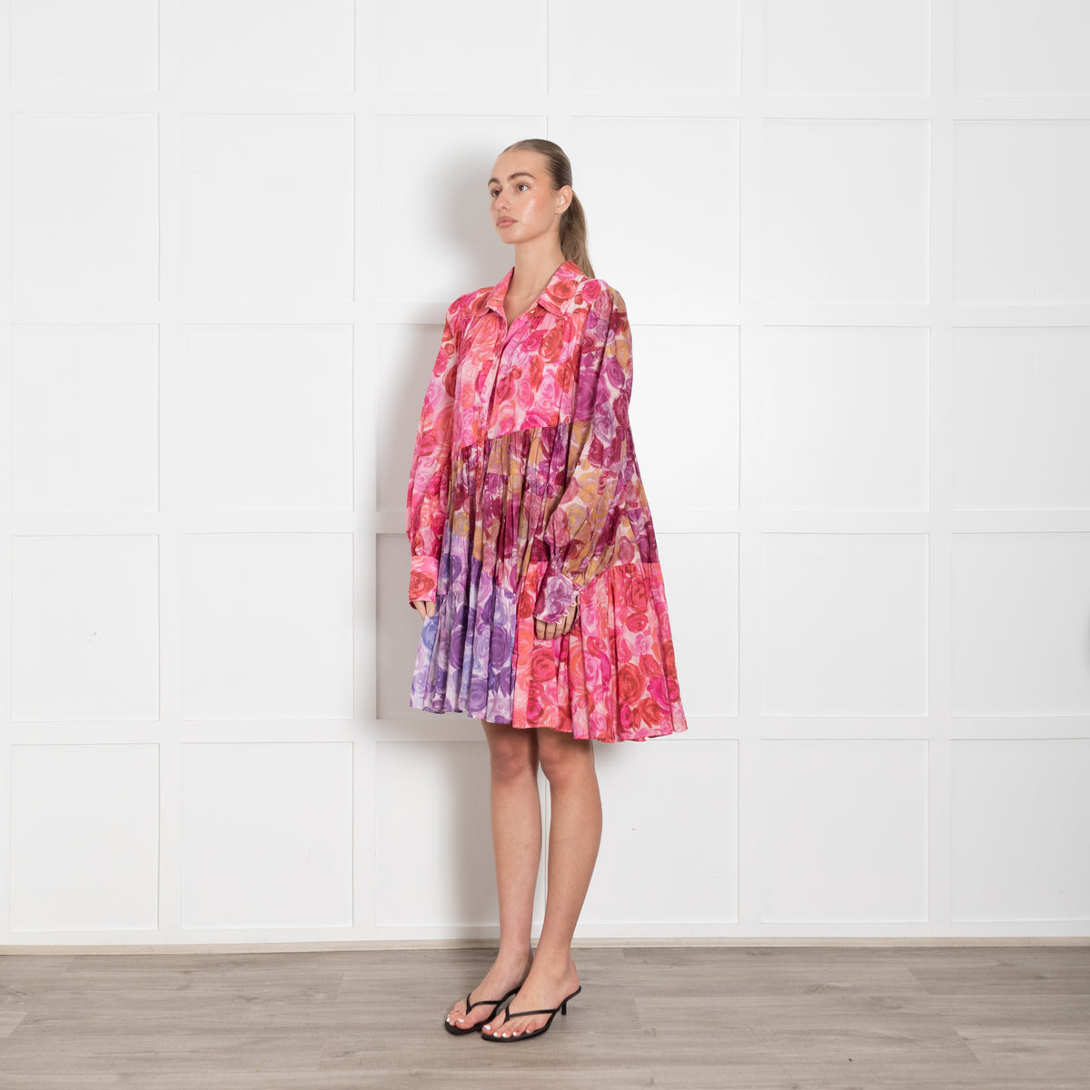 Aje Multicoloured Print Tiered Short Dress With Long Sleeves