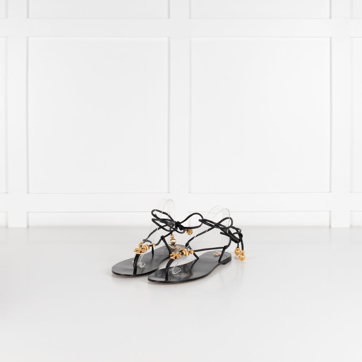 Tory Burch Black Gold Detail Flat Lace Up Sandals