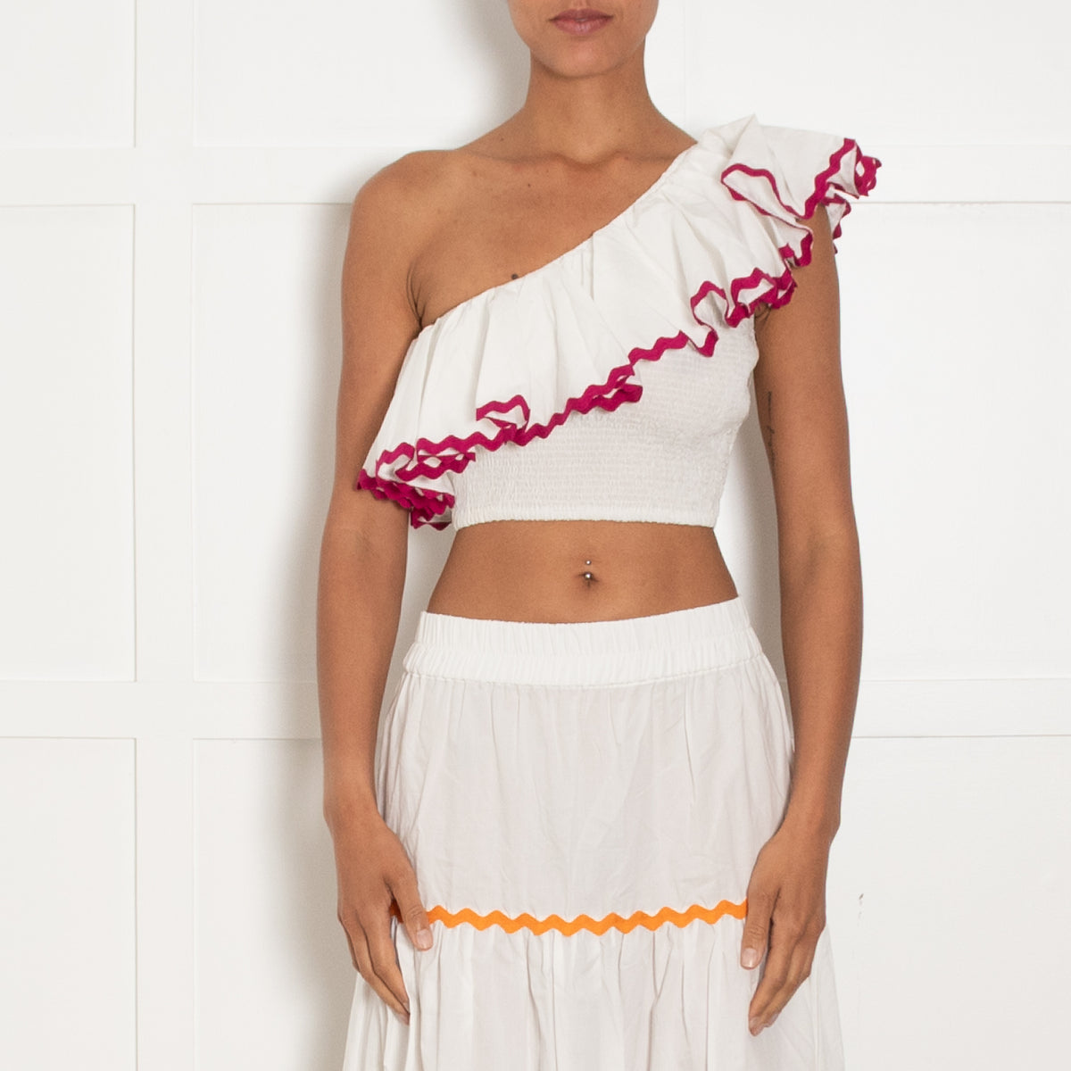 Paolita White Cotton Ruched One Shoulder Cropped Top