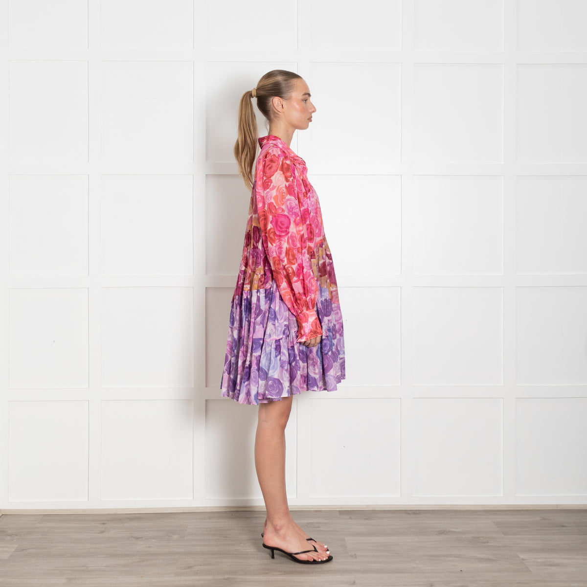 Aje Multicoloured Print Tiered Short Dress With Long Sleeves