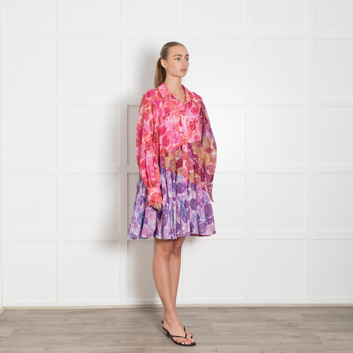 Aje Multicoloured Print Tiered Short Dress With Long Sleeves