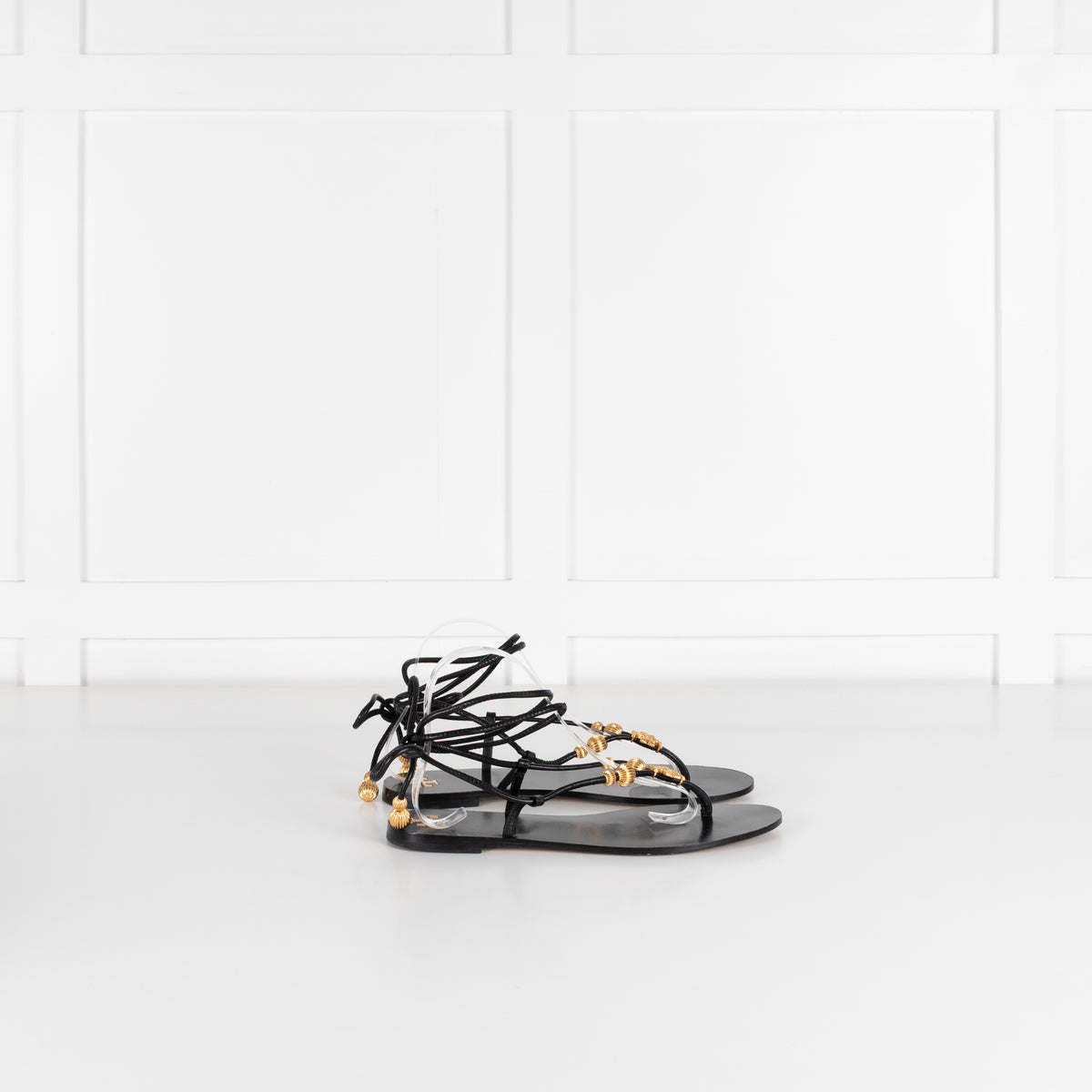 Tory Burch Black Gold Detail Flat Lace Up Sandals