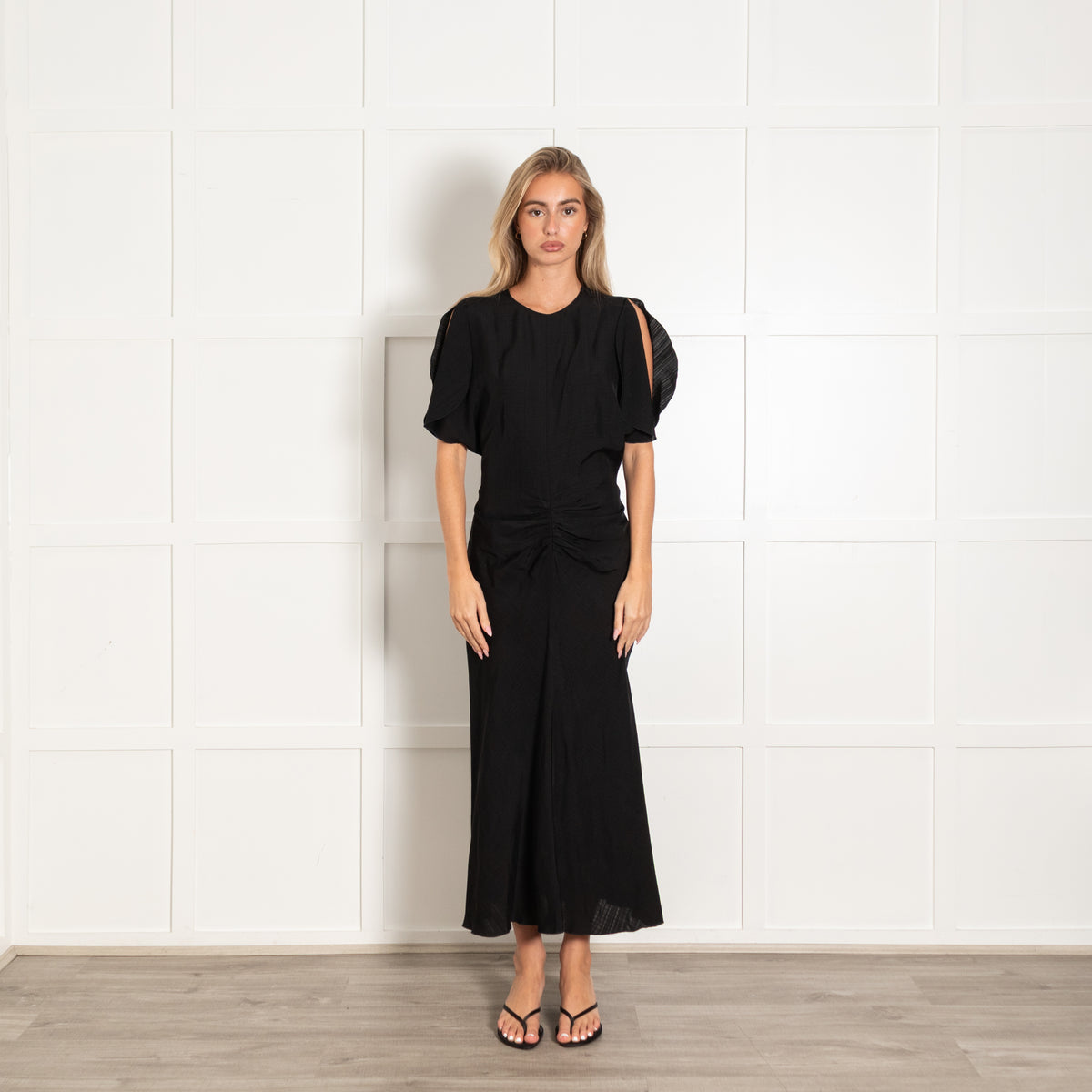 Victoria Beckham Black Ruched Detail Bias Cut Dress