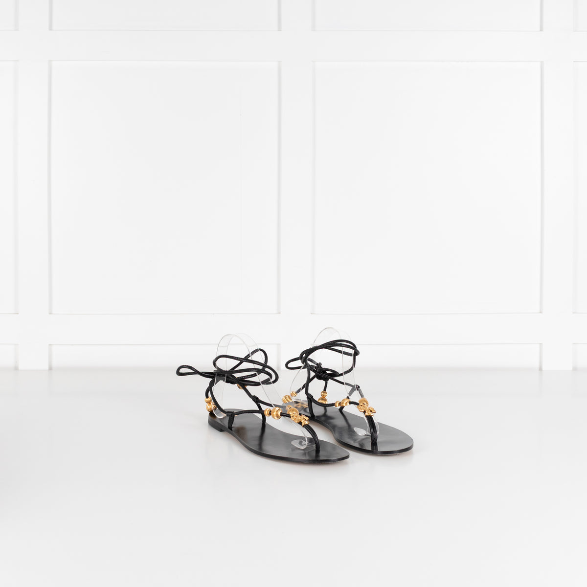 Tory Burch Black Gold Detail Flat Lace Up Sandals