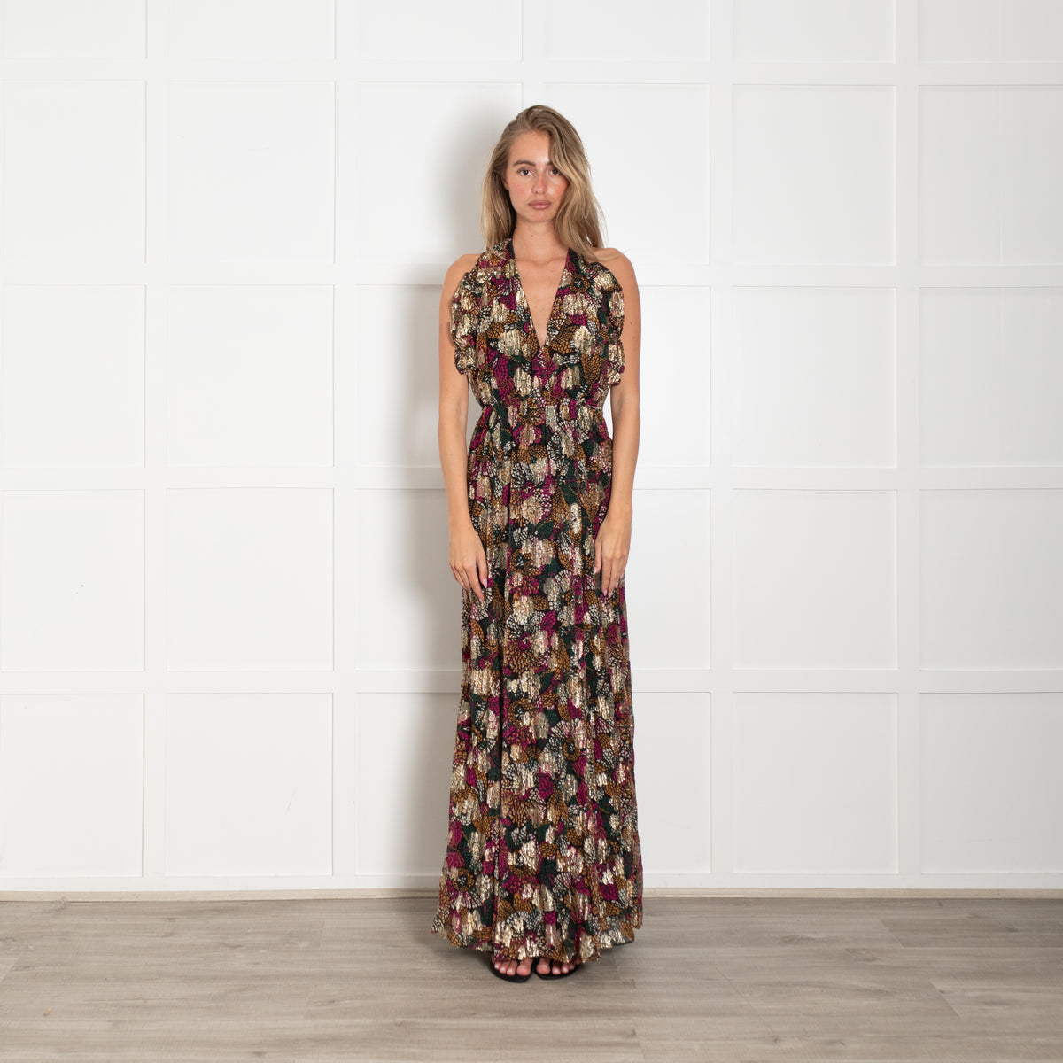 ba&sh Multicoloured Maxi Halterneck Dress With Gold Thread Detail