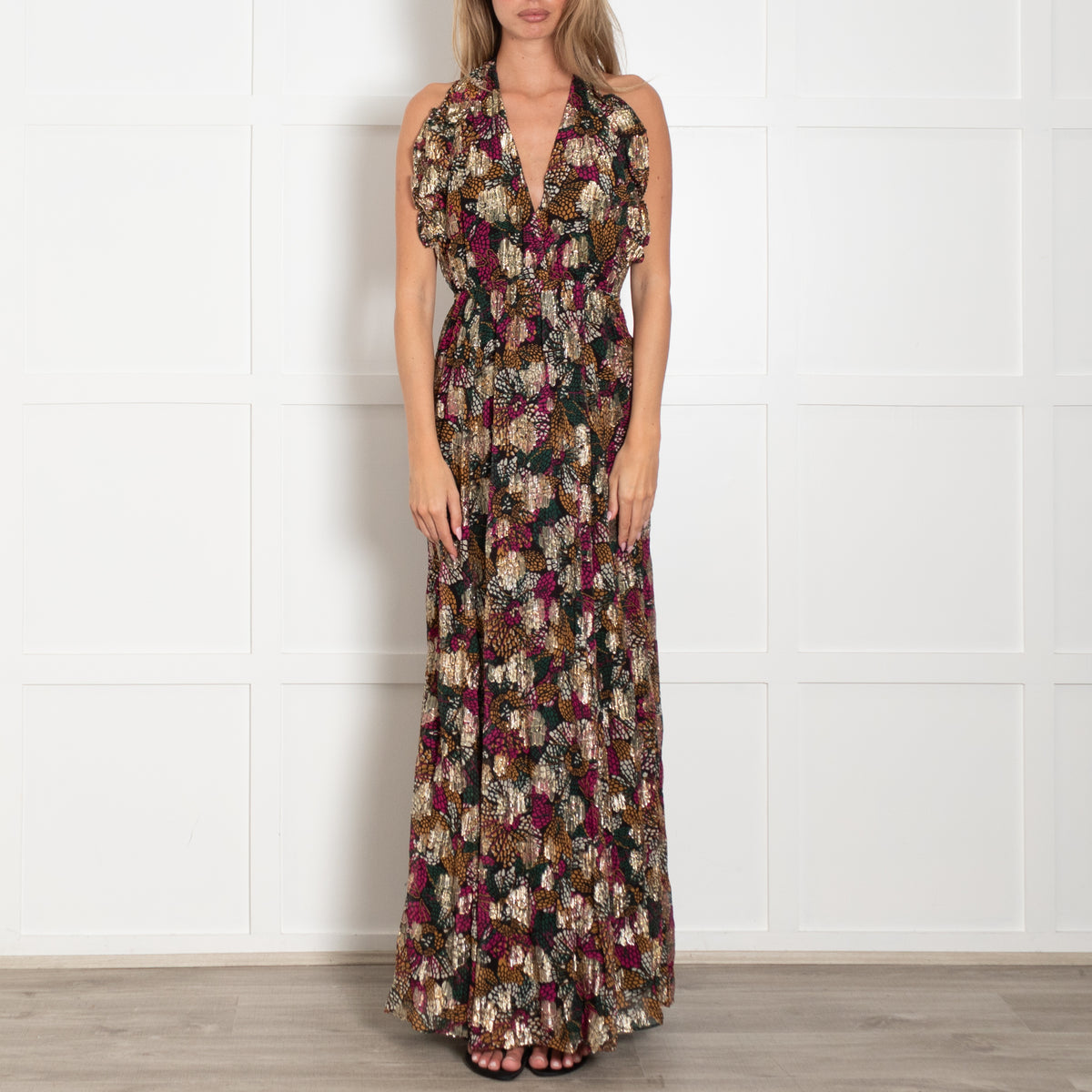 ba&sh Multicoloured Maxi Halterneck Dress With Gold Thread Detail