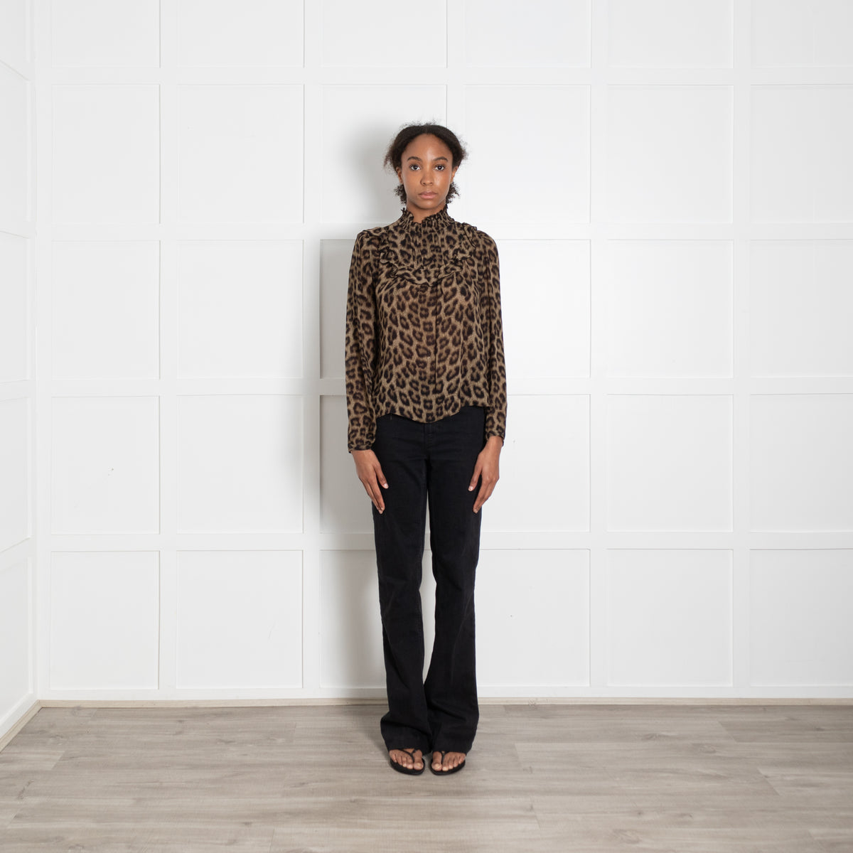 Ba & Sh Brown Leopard Animal Print Frill Detail Long Sleeved Blouse