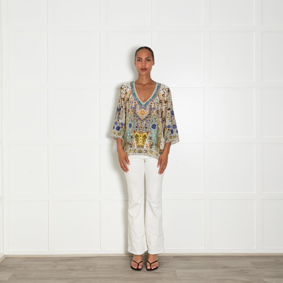 Camilla Multi Print V Neck Mixed Sequin Silk T Shirt