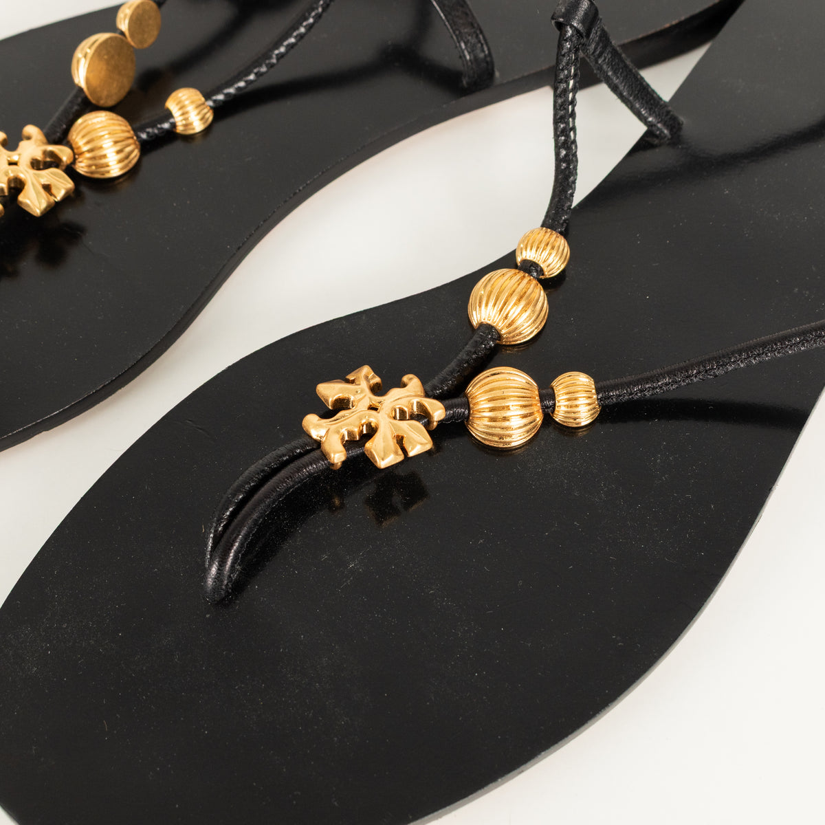 Tory Burch Black Gold Detail Flat Lace Up Sandals