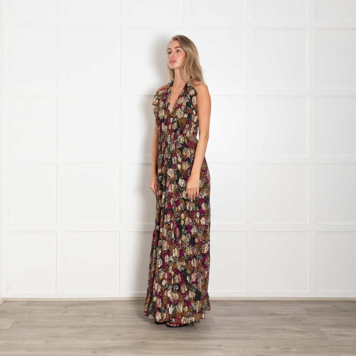 ba&sh Multicoloured Maxi Halterneck Dress With Gold Thread Detail