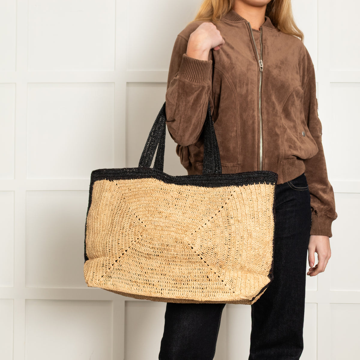 Me + Em Soft Black & Beige Raffia Tote