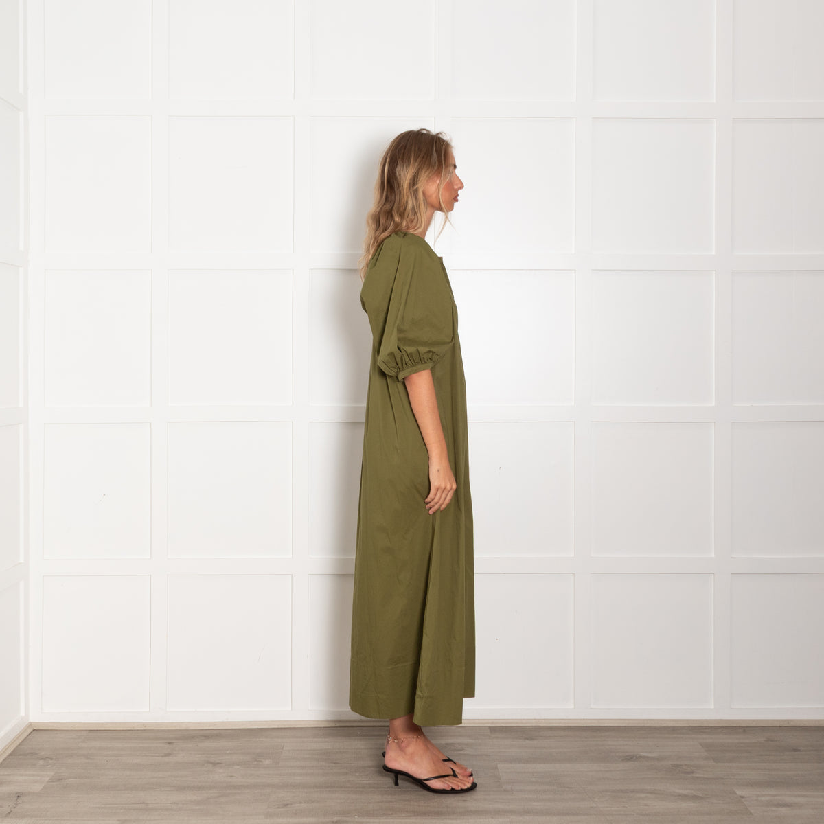 Staud Green Cotton Puff Sleeve Maxi Dress