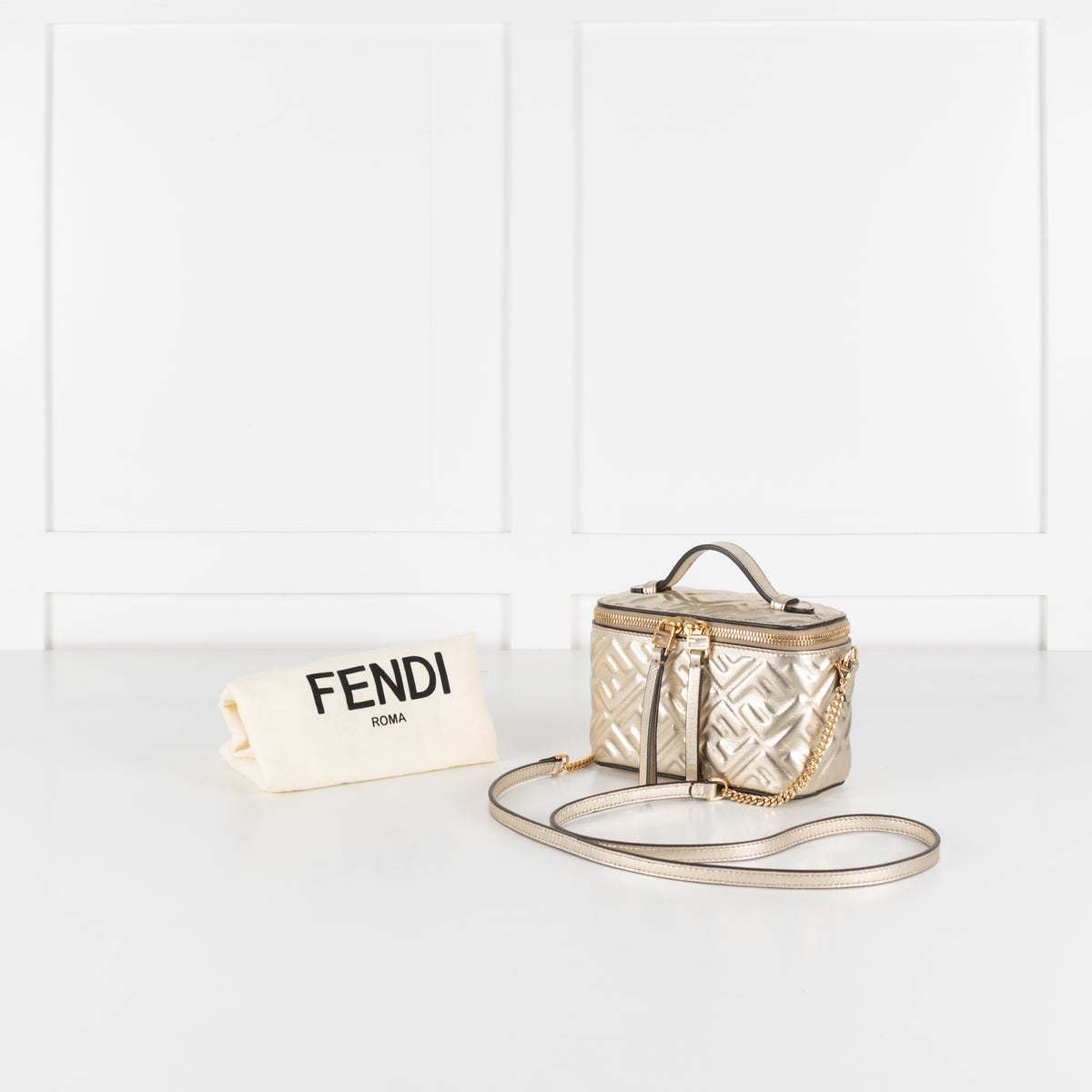 Fendi Platinum Soft Gold FF Leather Mini Vanity Bag