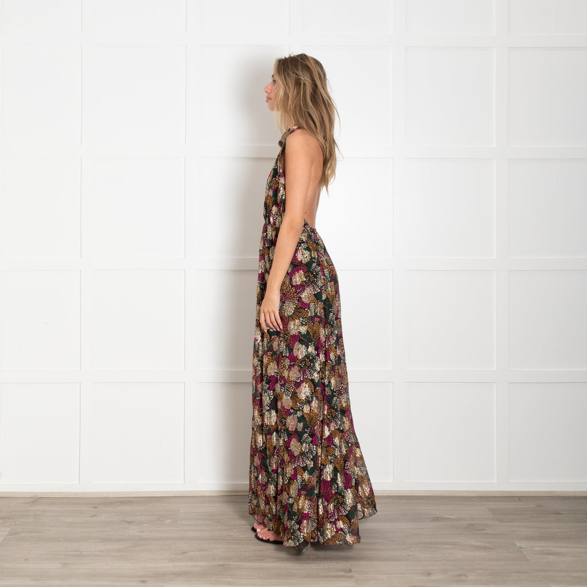 ba&sh Multicoloured Maxi Halterneck Dress With Gold Thread Detail
