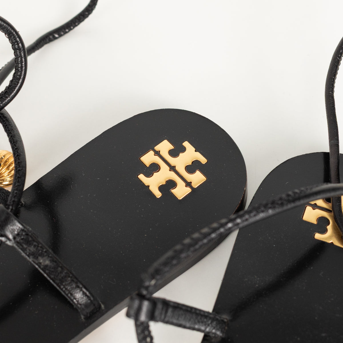 Tory Burch Black Gold Detail Flat Lace Up Sandals