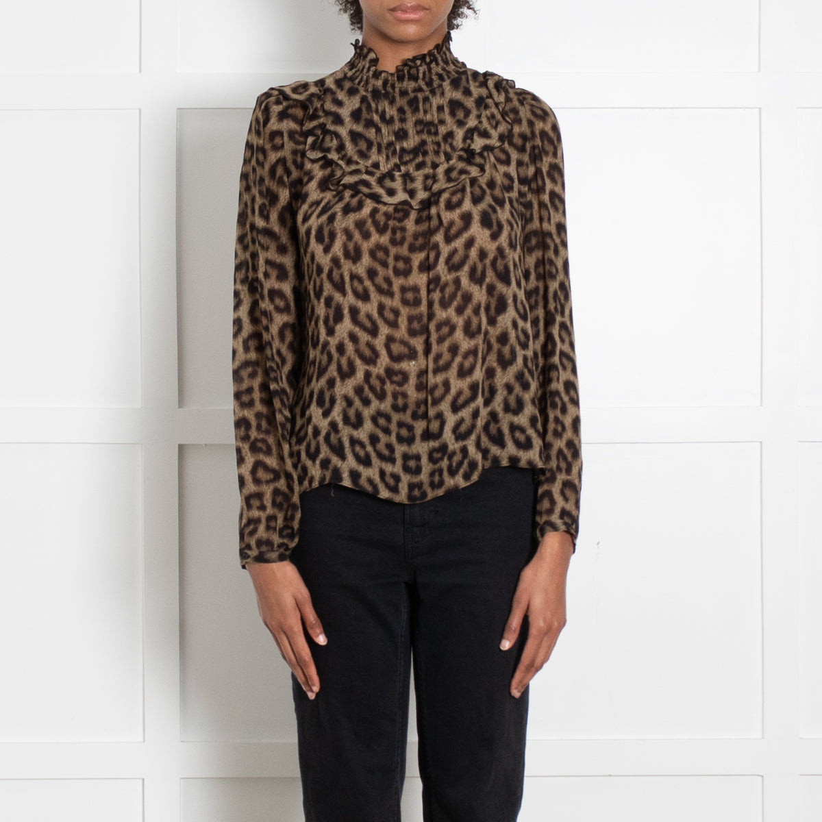Ba & Sh Brown Leopard Animal Print Frill Detail Long Sleeved Blouse