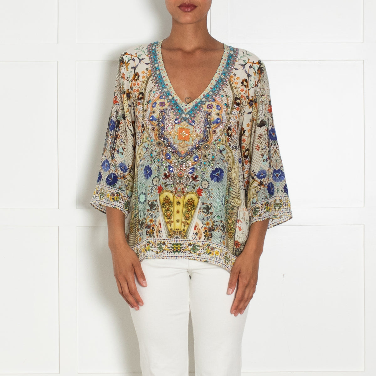 Camilla Multi Print V Neck Mixed Sequin Silk T Shirt