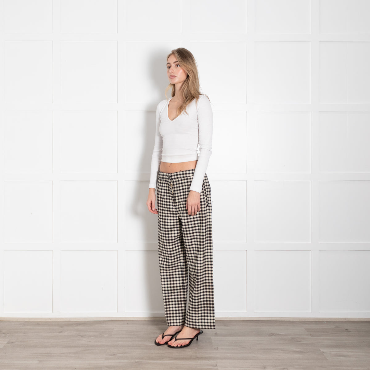 Sezane Black Cream Check Wide Leg Long Trousers