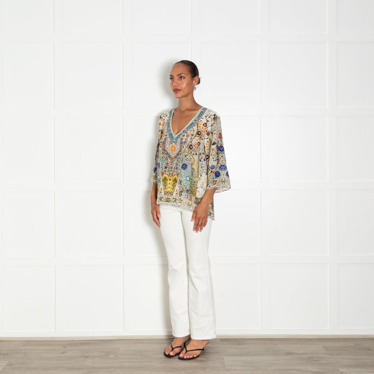 Camilla Multi Print V Neck Mixed Sequin Silk T Shirt