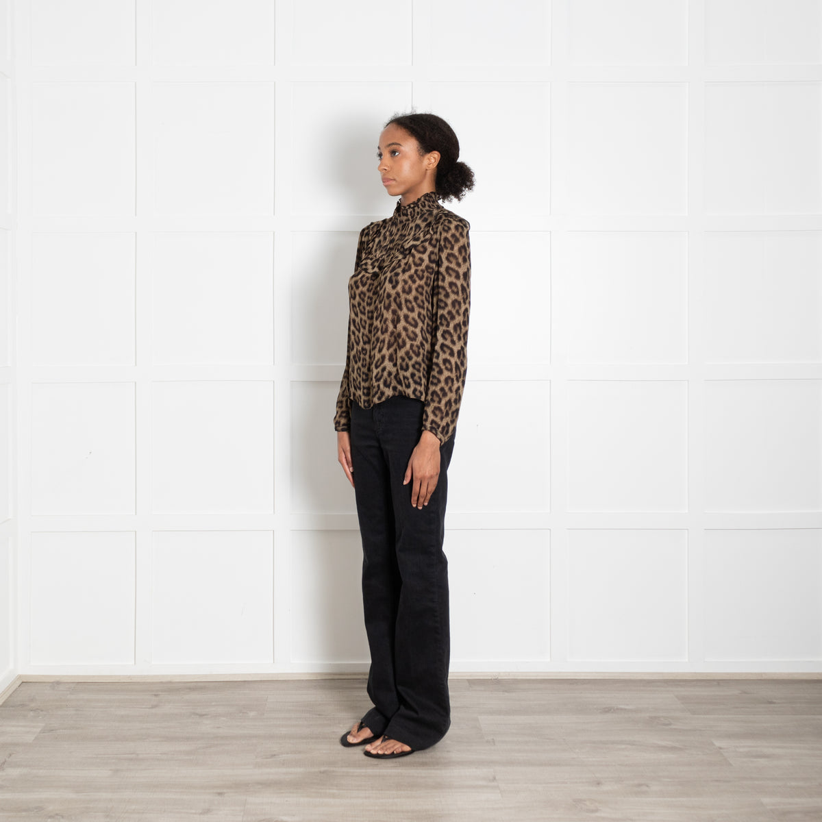 Ba & Sh Brown Leopard Animal Print Frill Detail Long Sleeved Blouse