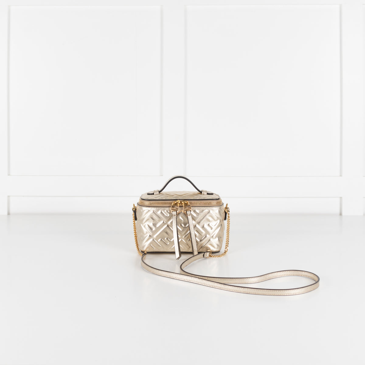 Fendi Platinum Soft Gold FF Leather Mini Vanity Bag
