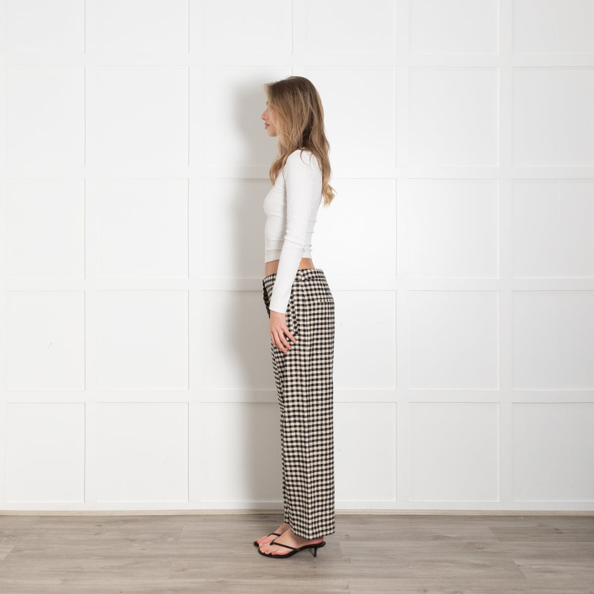 Sezane Black Cream Check Wide Leg Long Trousers