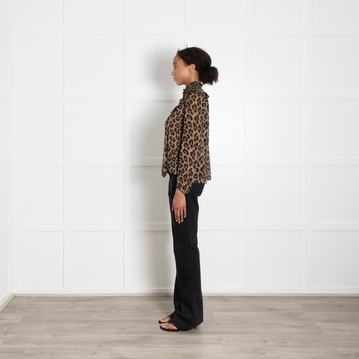 Ba & Sh Brown Leopard Animal Print Frill Detail Long Sleeved Blouse