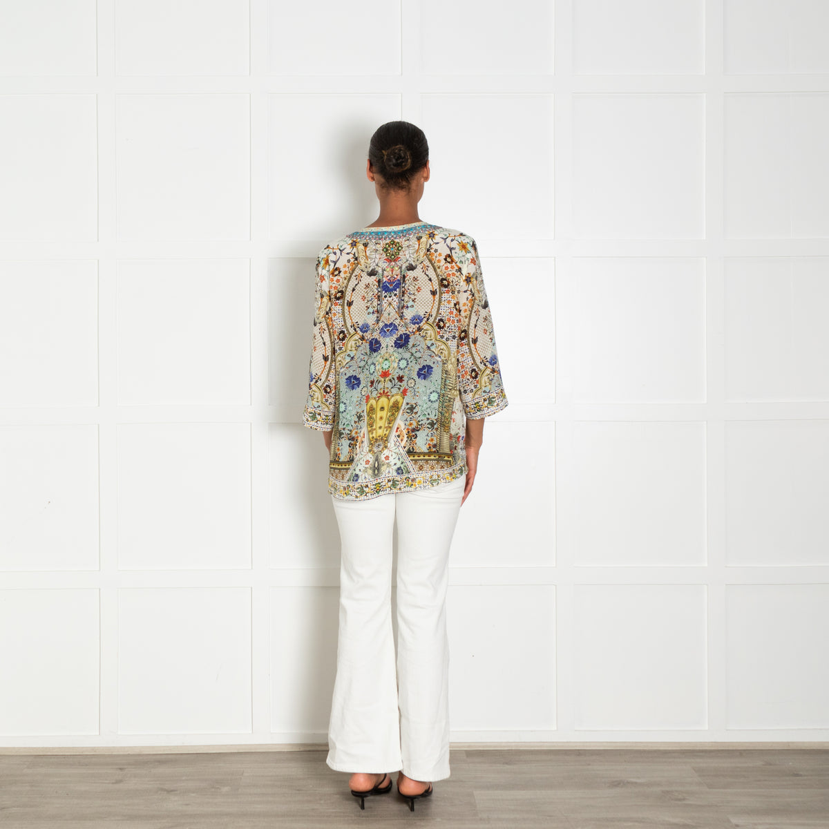 Camilla Multi Print V Neck Mixed Sequin Silk T Shirt