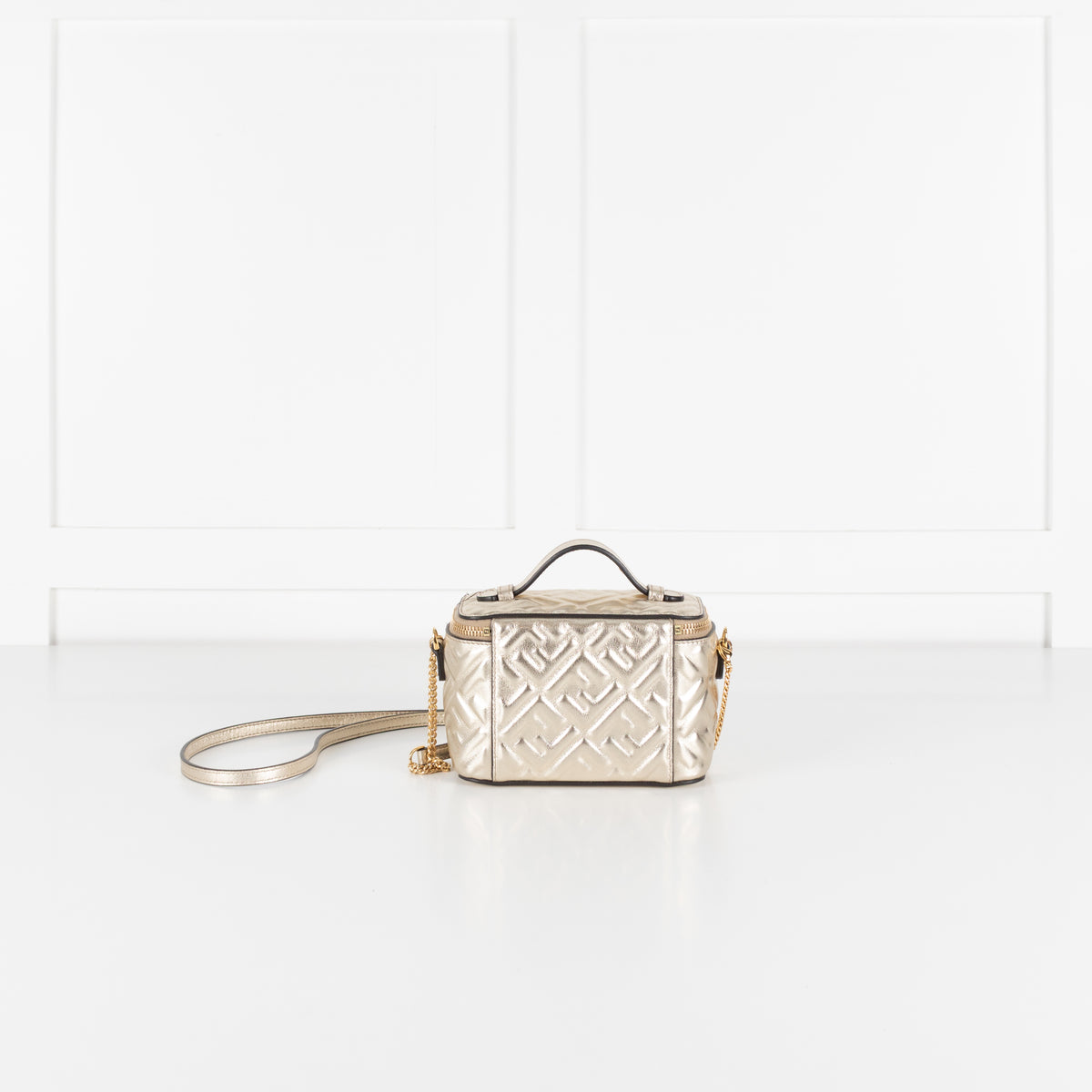 Fendi Platinum Soft Gold FF Leather Mini Vanity Bag
