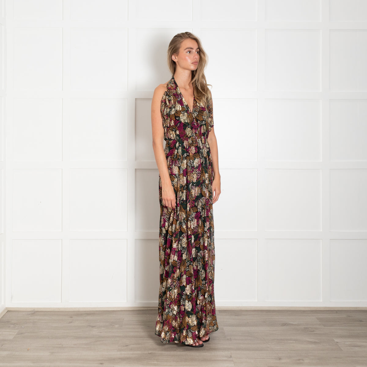 ba&sh Multicoloured Maxi Halterneck Dress With Gold Thread Detail