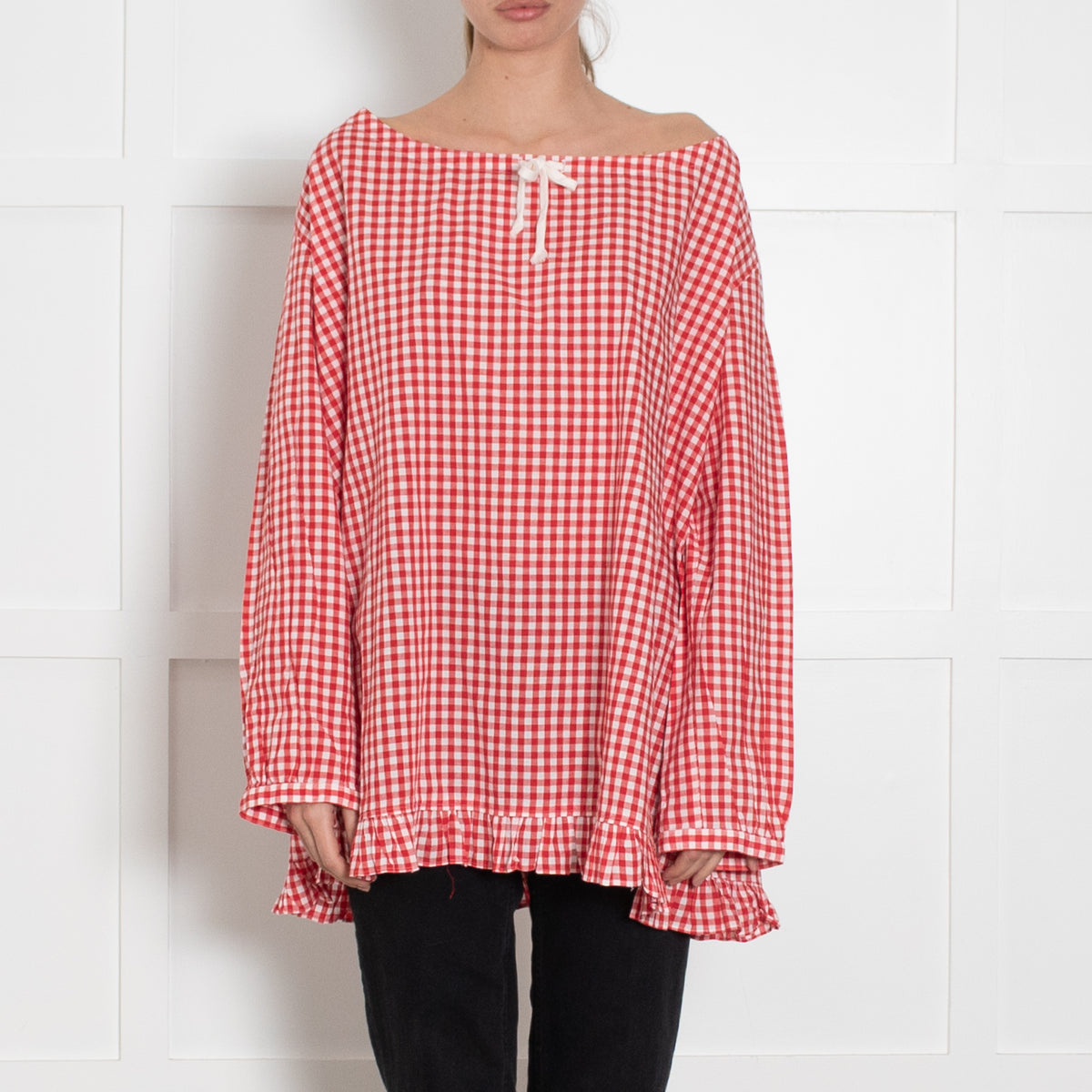 Comme des Garcons Girl Red & White Gingham L/Slv Oversized Top With Frill Hem & Button Back