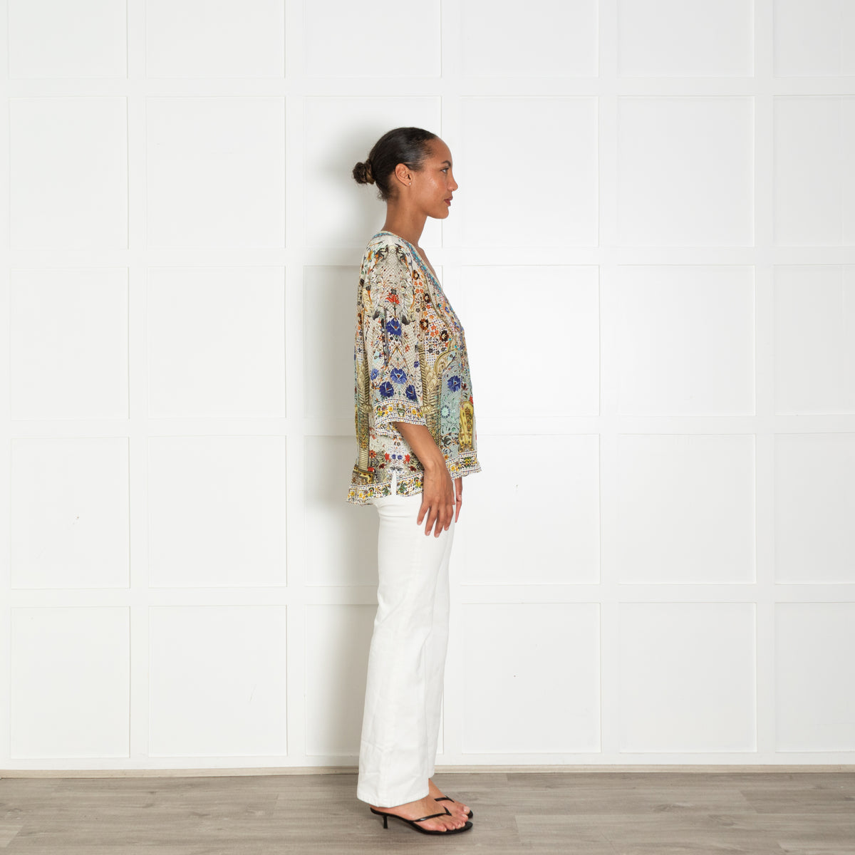 Camilla Multi Print V Neck Mixed Sequin Silk T Shirt