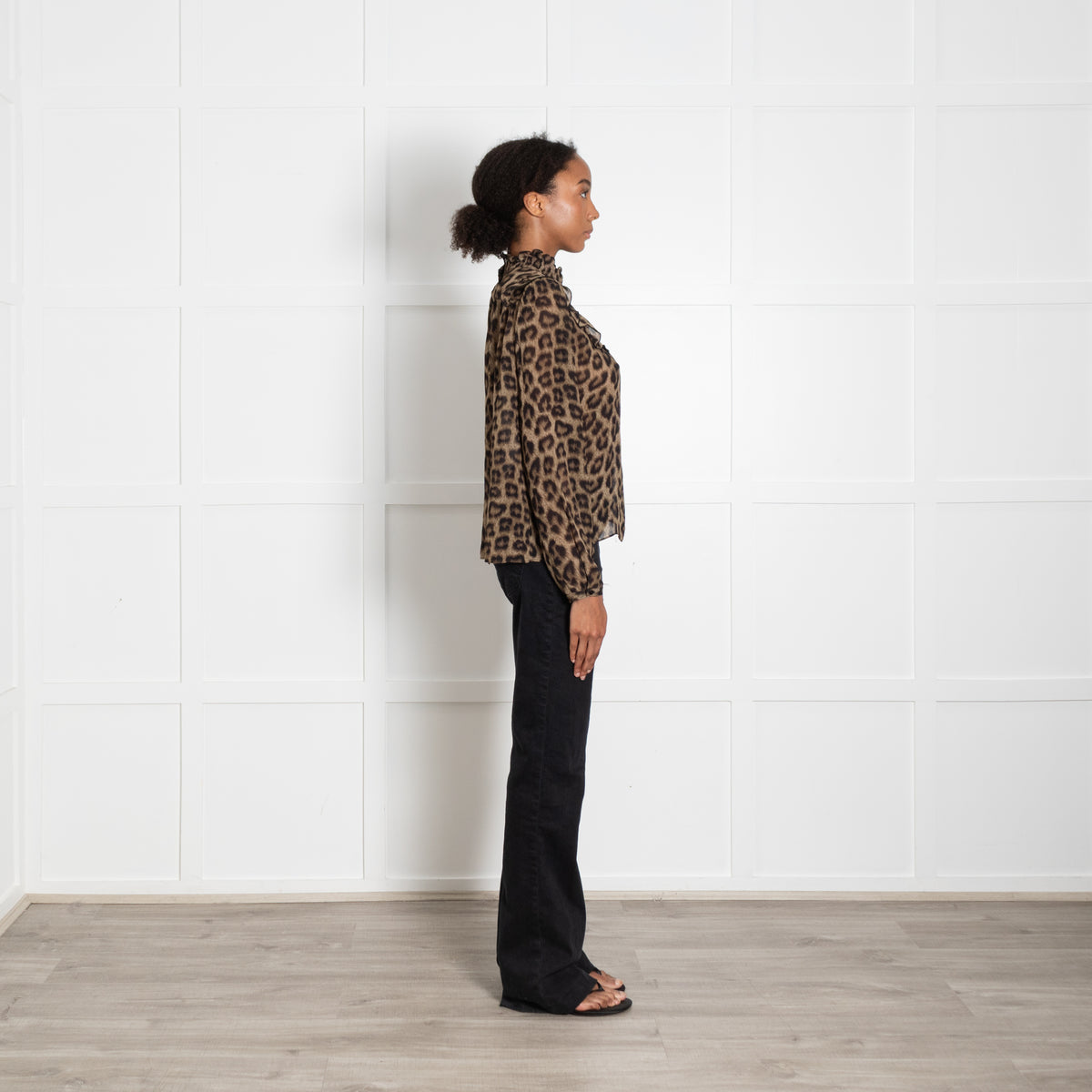 Ba & Sh Brown Leopard Animal Print Frill Detail Long Sleeved Blouse