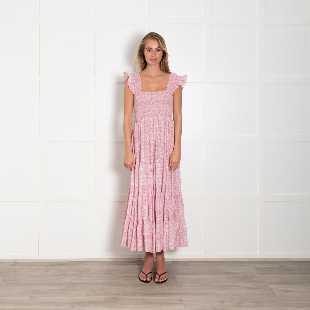 Rixo Pink Floral Smocked Tiered Cotton Dress