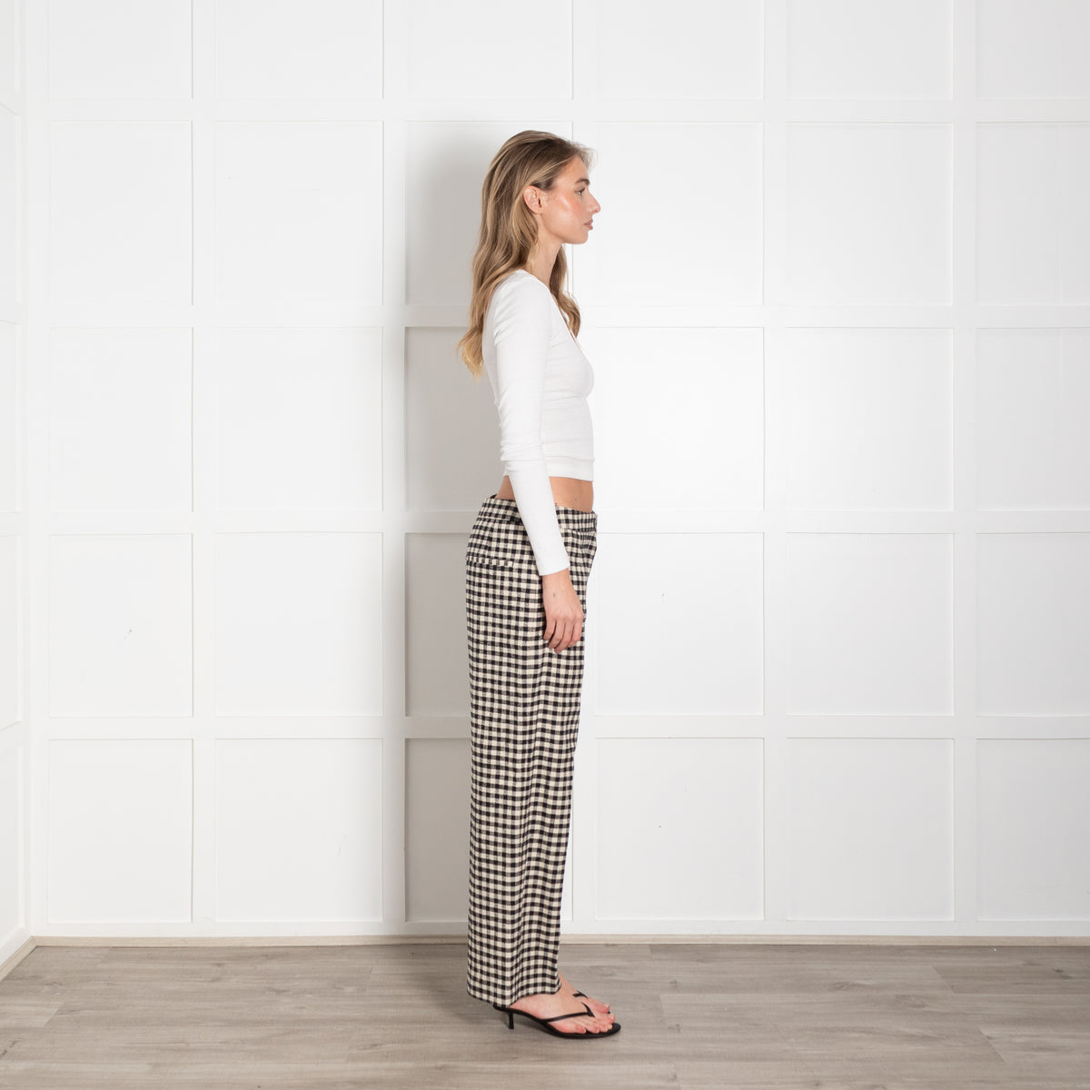 Sezane Black Cream Check Wide Leg Long Trousers