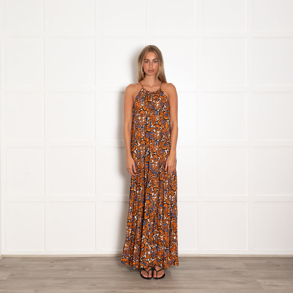 Baukjen Orange and Blue Floral Motif Halter Dress