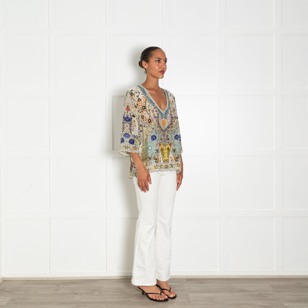 Camilla Multi Print V Neck Mixed Sequin Silk T Shirt