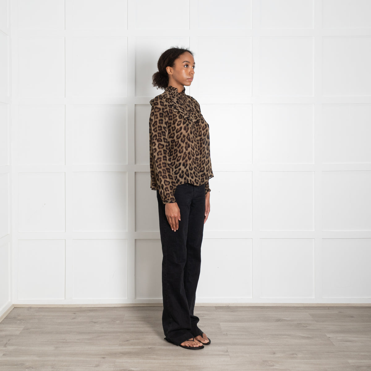 Ba & Sh Brown Leopard Animal Print Frill Detail Long Sleeved Blouse