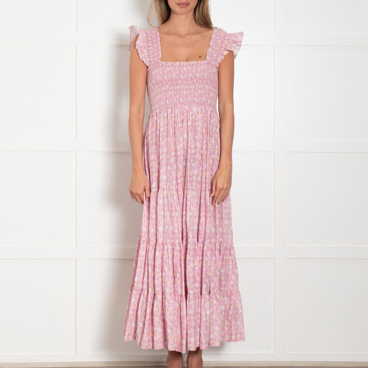 Rixo Pink Floral Smocked Tiered Cotton Dress