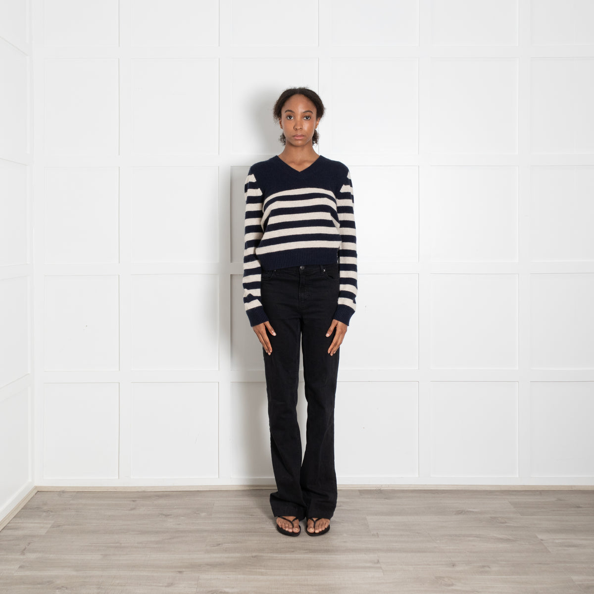 Jumper 1234 Navy Blue Cream Stripe Cashmere V Neck Jumper
