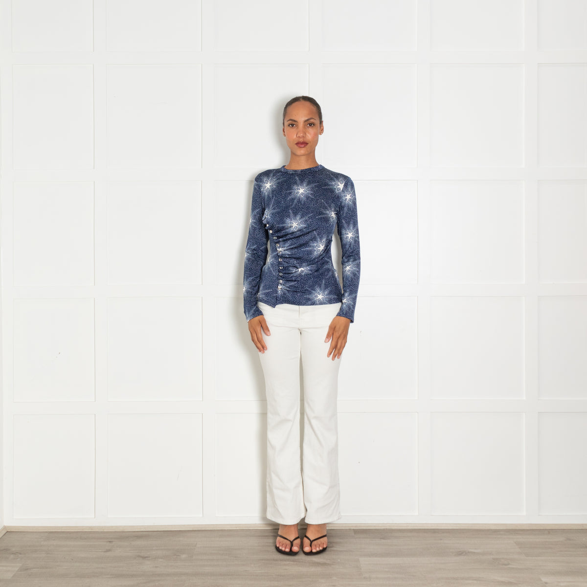 Paco Rabanne Blue White Star Print Ruched Top