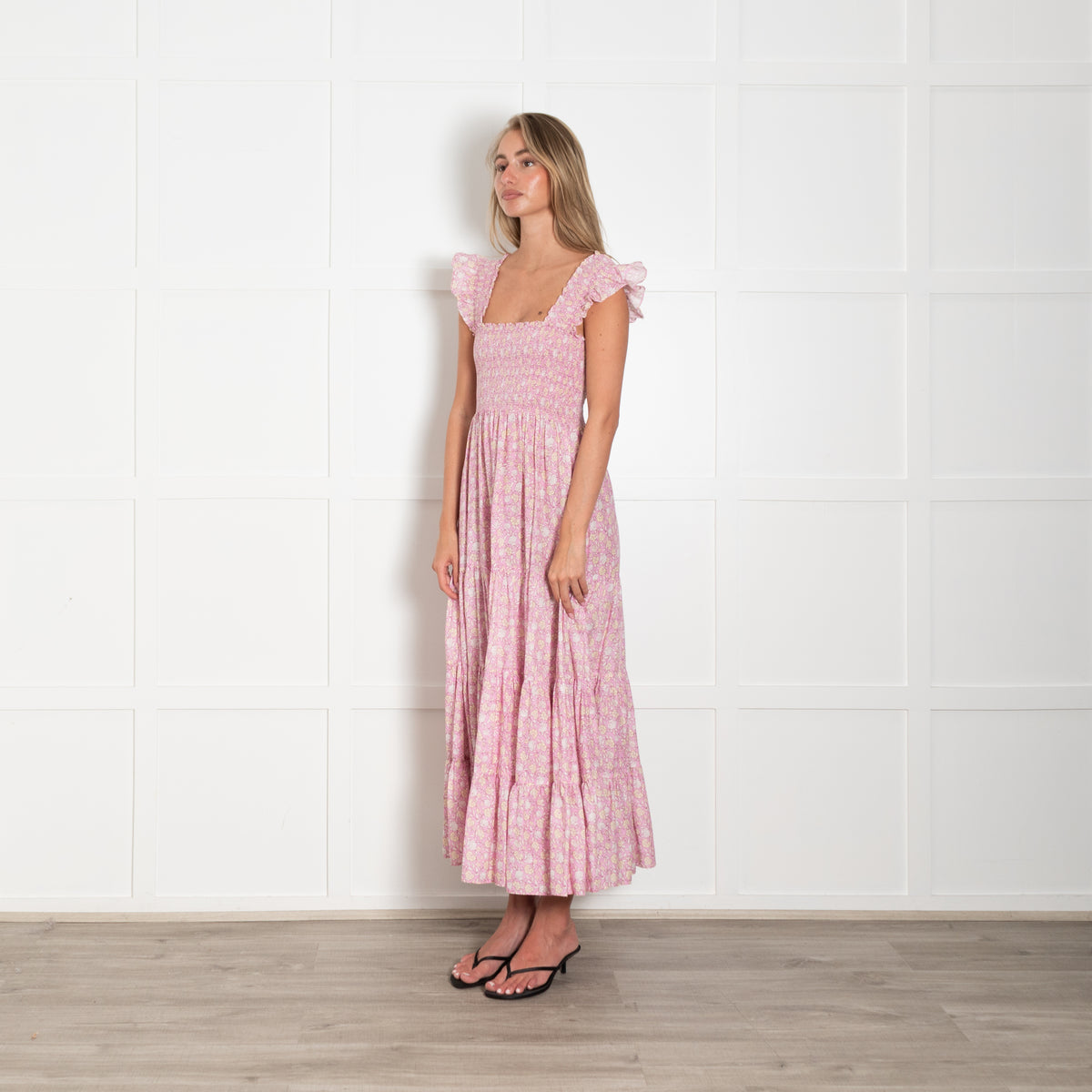 Rixo Pink Floral Smocked Tiered Cotton Dress