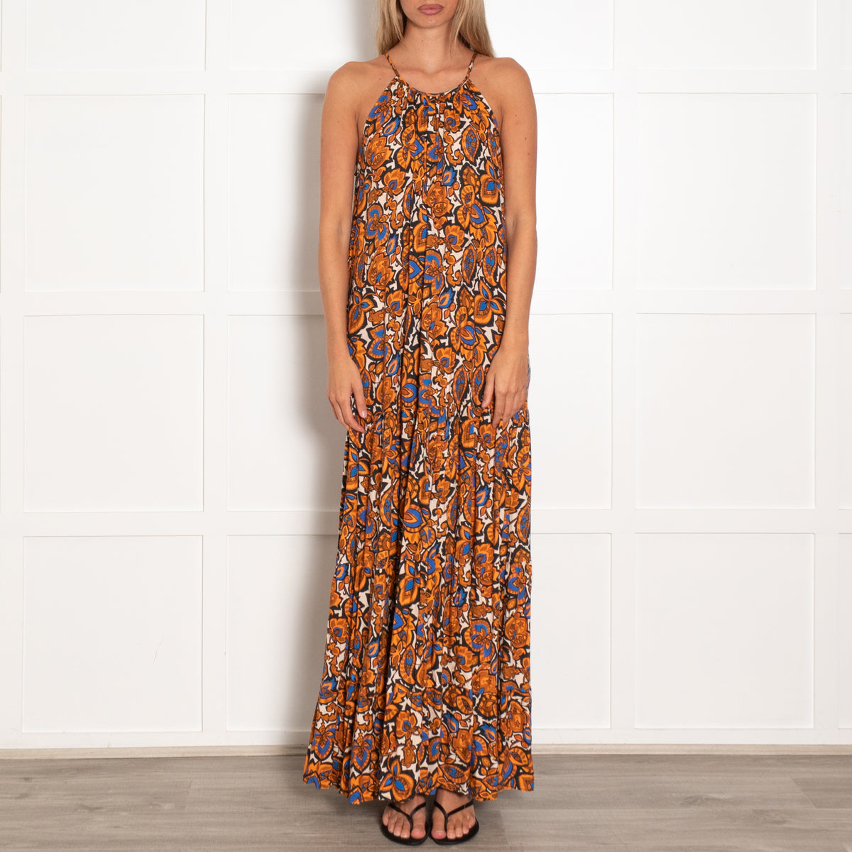 Baukjen Orange and Blue Floral Motif Halter Dress