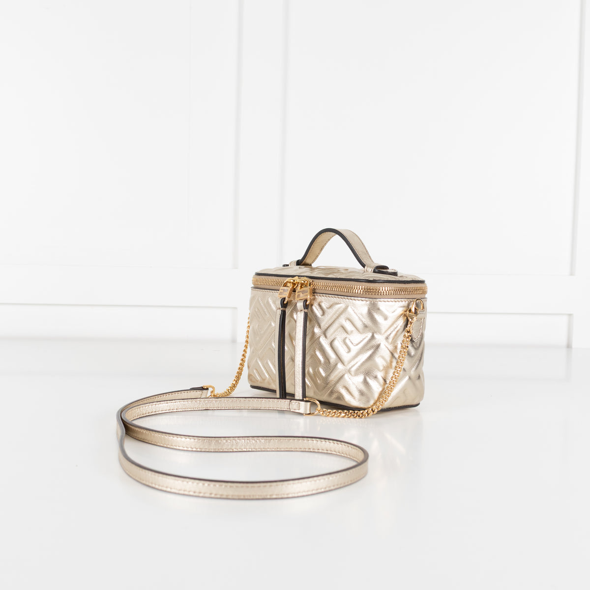 Fendi Platinum Soft Gold FF Leather Mini Vanity Bag