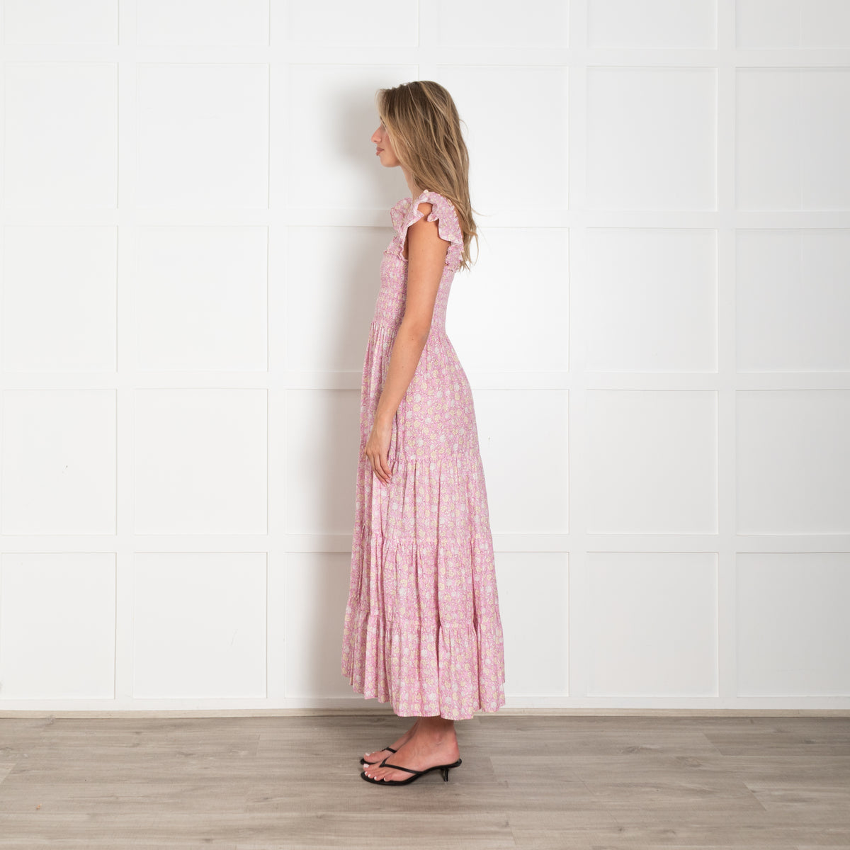 Rixo Pink Floral Smocked Tiered Cotton Dress