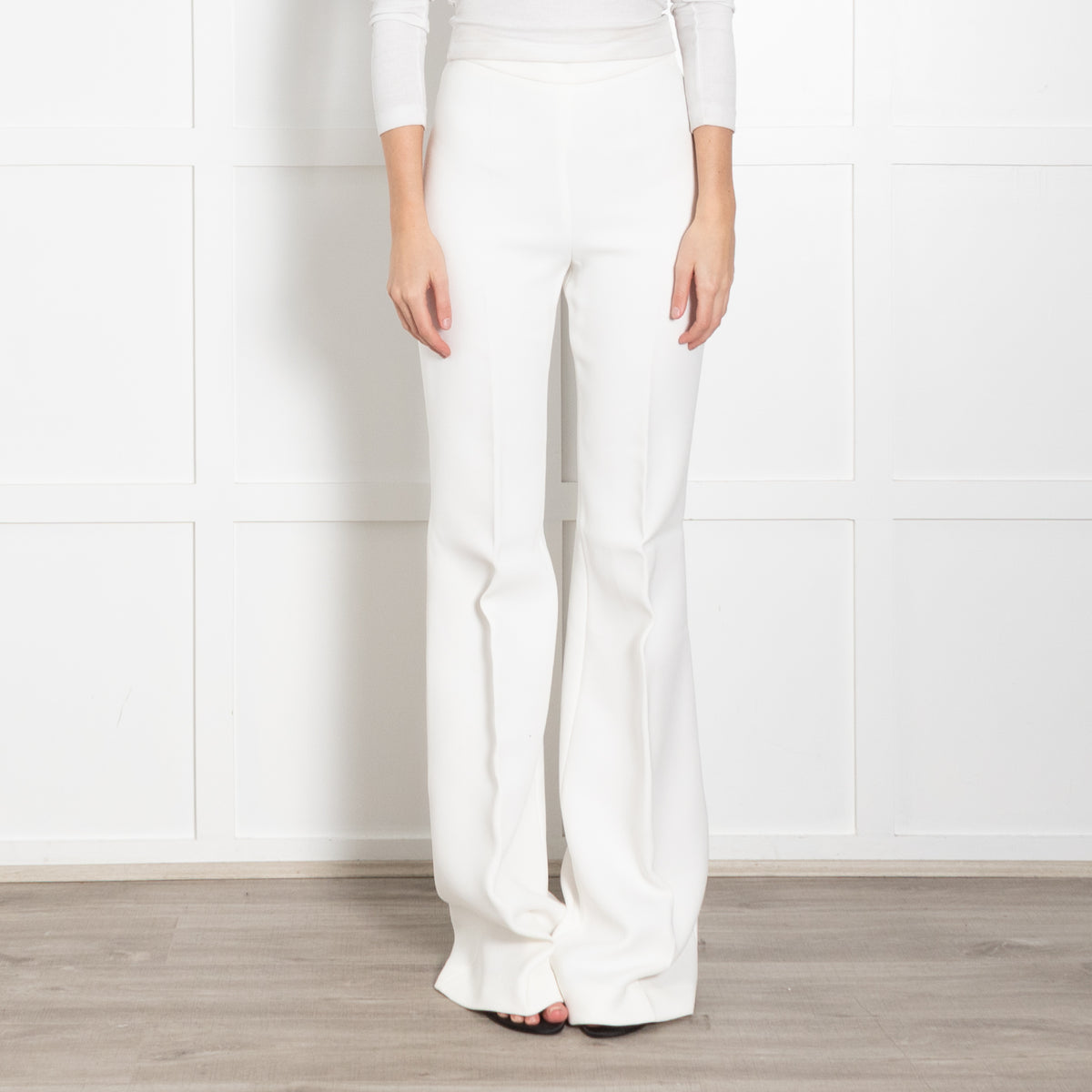 Podeny White Flared Leg Wool Blend Trousers